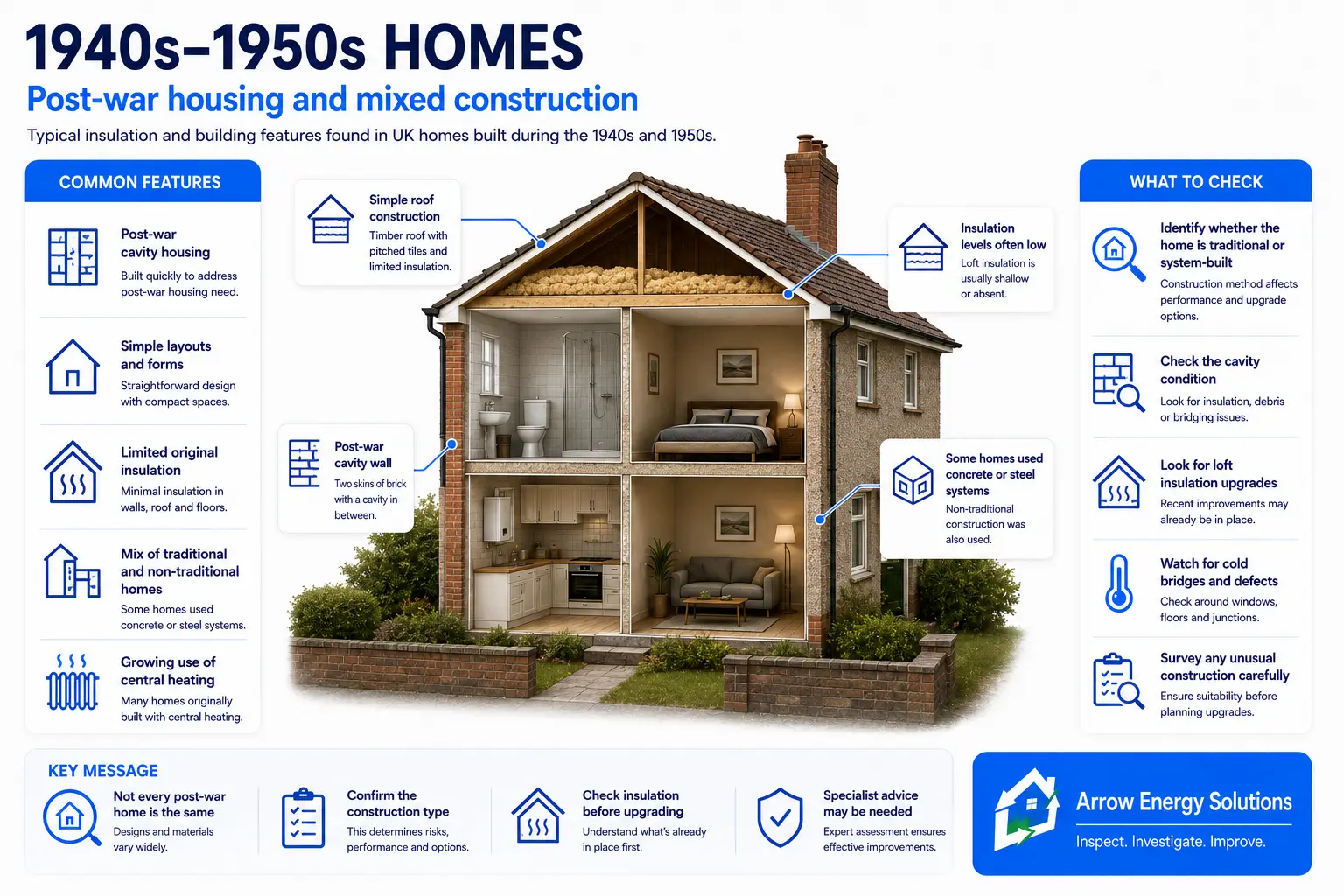 Illustration of a 1940s–1950s house showing its construction and insulation considerations