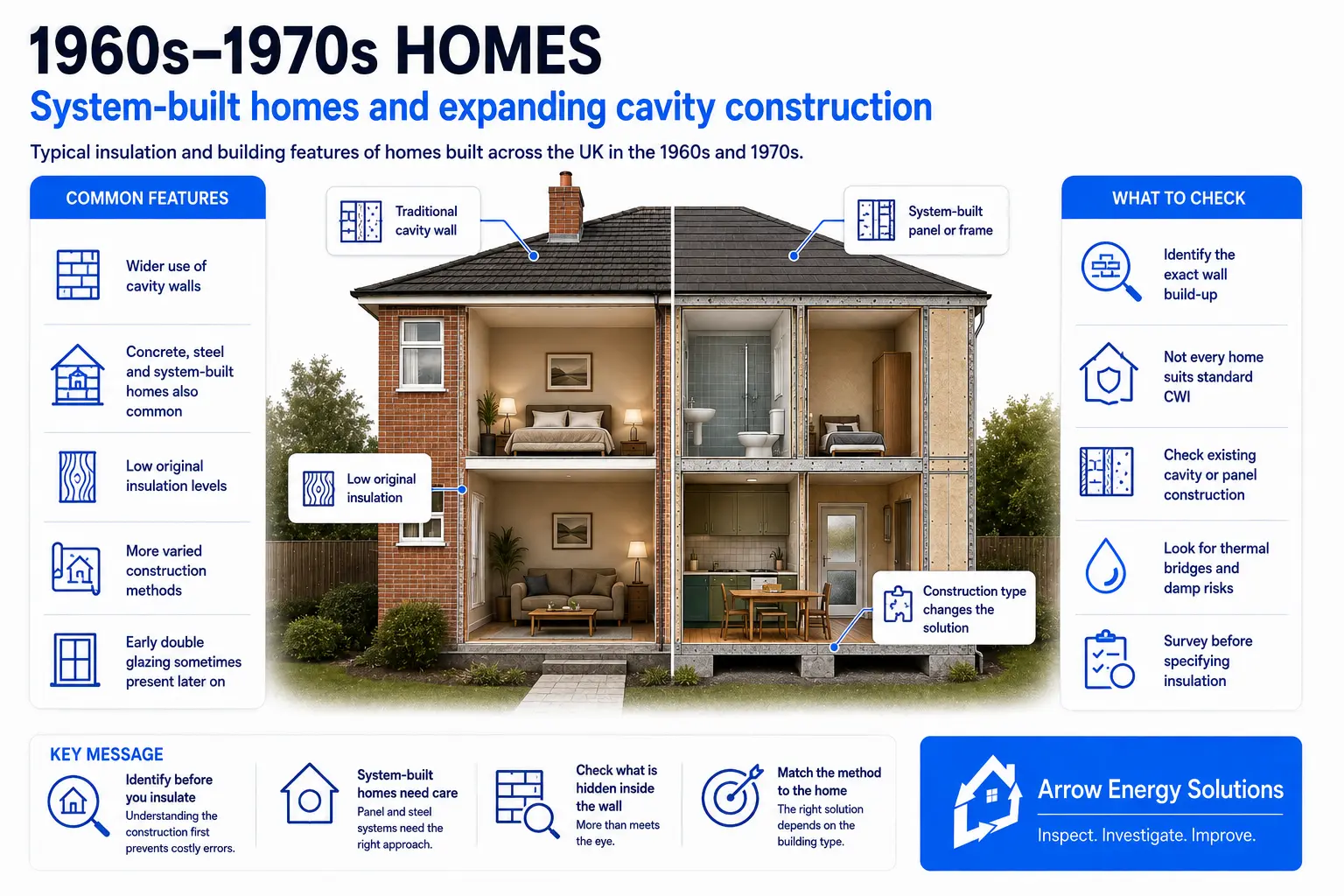 Illustration of a 1960s–1970s house showing its construction and insulation considerations