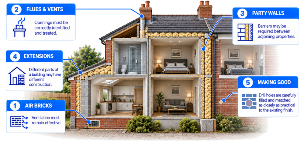 Cutaway house showing cavity wall insulation considerations including air bricks, flues, party walls and extensions