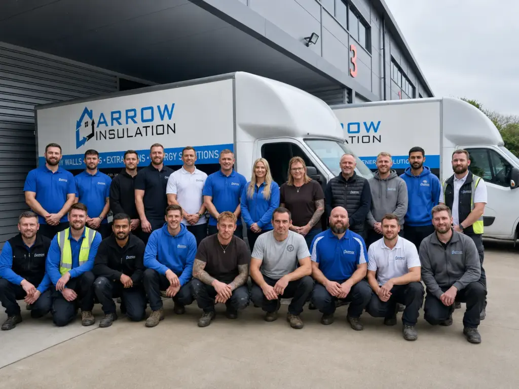 Group of people in workwear posing outside an industrial building in front of Arrow Insulation-branded vehicles