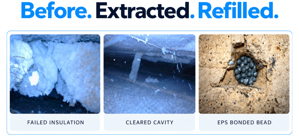 Three stages of cavity wall insulation replacement: failed insulation, cleared cavity and new EPS bonded beads