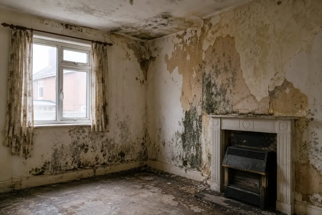 Room with extensive mould on the walls and ceiling, peeling plaster and damp staining around a window and fireplace