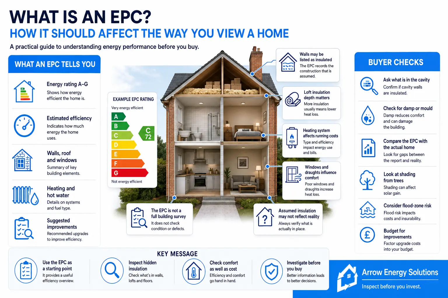 Infographic explaining Energy Performance Certificate (EPC) ratings, what they cover and additional insulation and property checks for homebuyers