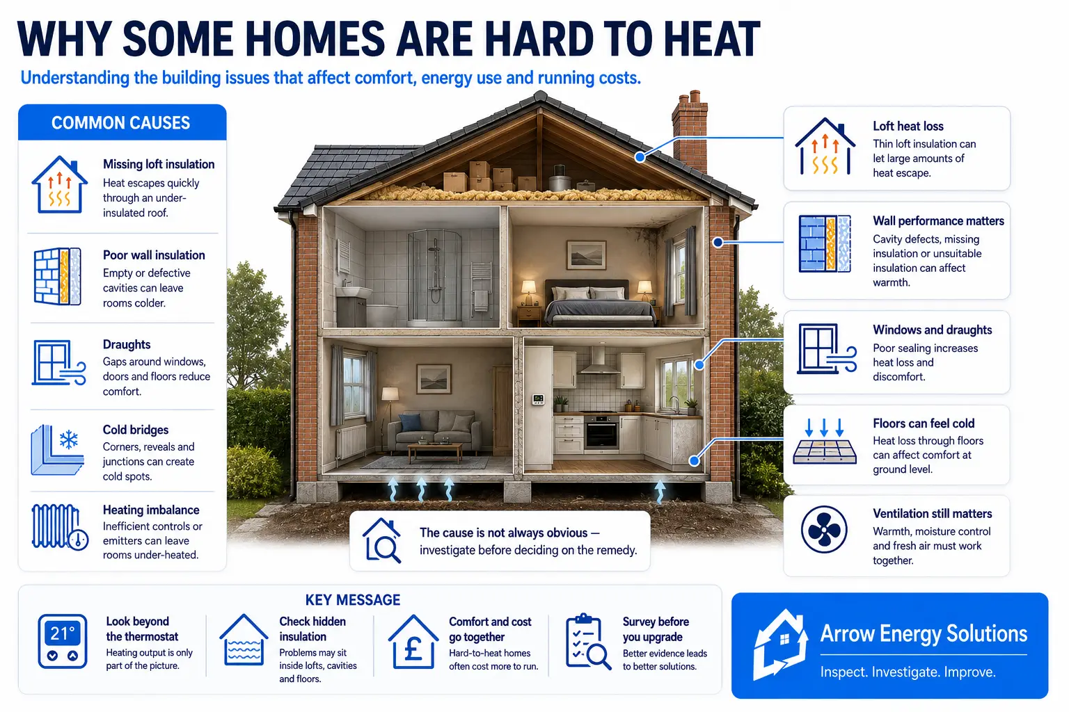 Infographic explaining why some homes are difficult to heat, with a cutaway showing potential sources of heat loss