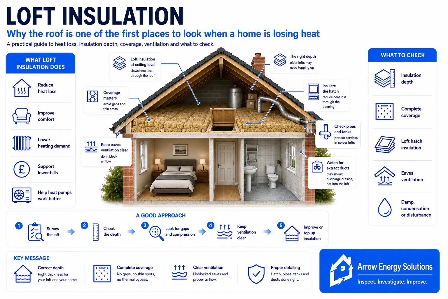 Roof cutaway showing loft insulation and its role in reducing heat loss from a home
