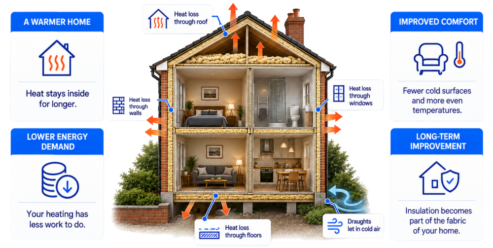 Cutaway house showing heat loss through the roof, walls, windows and floor, with the comfort benefits of insulation