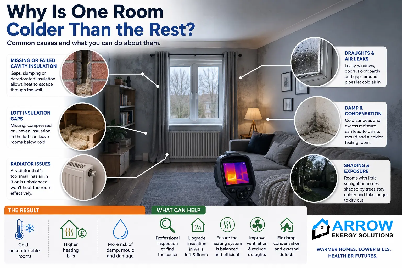 Infographic explaining why one room may feel colder than others, including insulation gaps, radiator issues, draughts, damp and shading, with suggested improvements