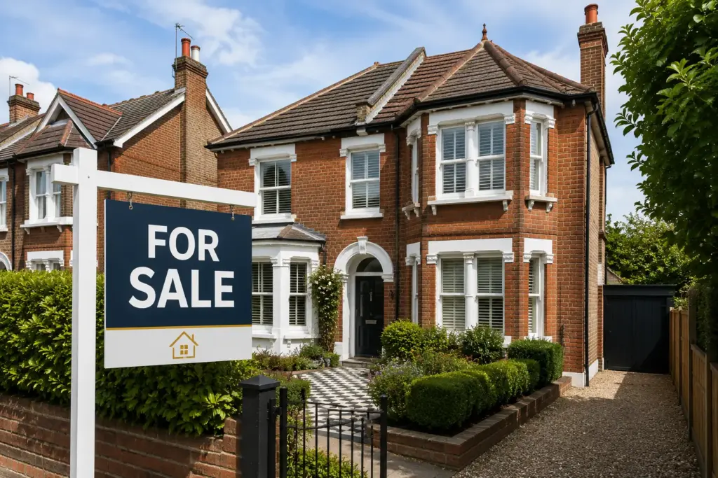 Red-brick house with bay windows, a front garden and a for sale sign.