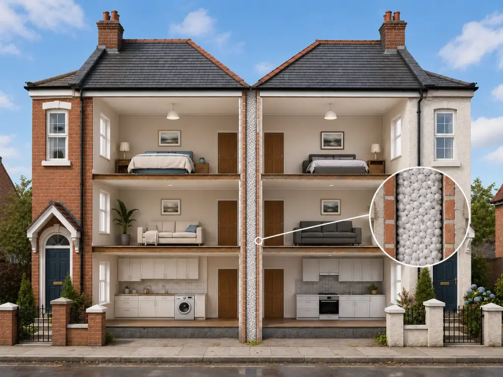 Illustration of two adjoining houses, with a close-up showing insulation beads filling a wall cavity.