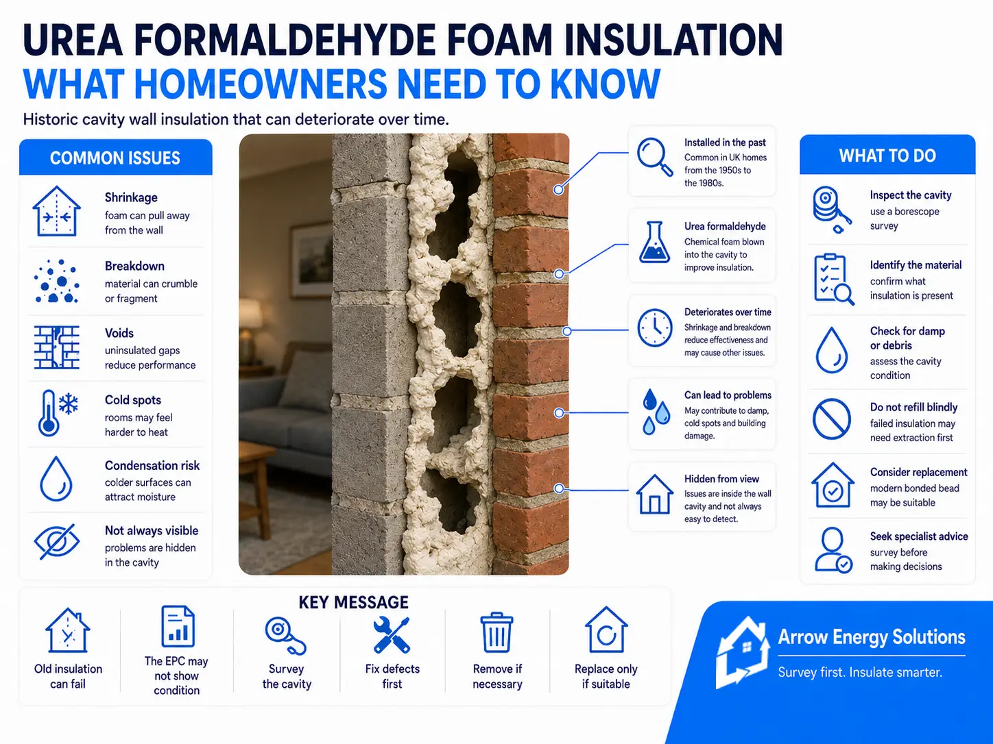 Infographic showing deteriorating urea formaldehyde cavity wall insulation, common issues and guidance on inspection, removal and replacement