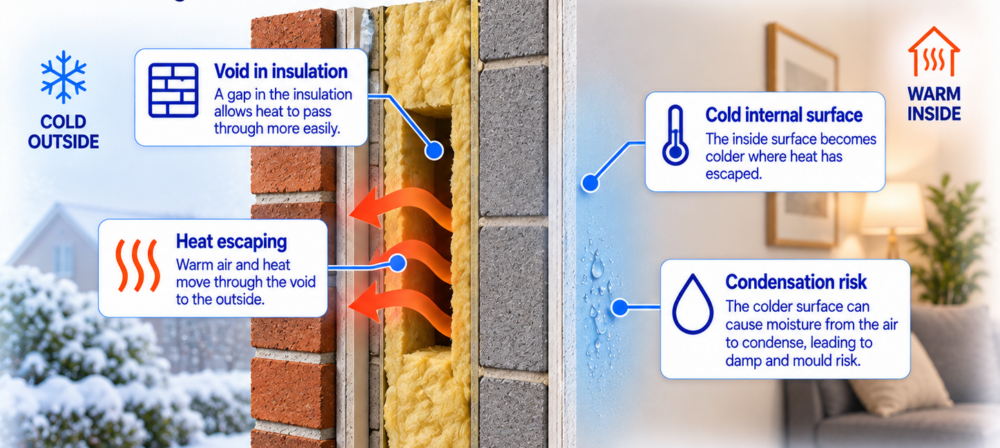 Diagram showing how a gap in cavity wall insulation lets heat escape and can leave the inside wall cold enough for condensation